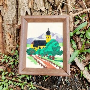 Vintage Hand Stitched Small Framed Embroidery Art Mountain Church Landscape 6x5